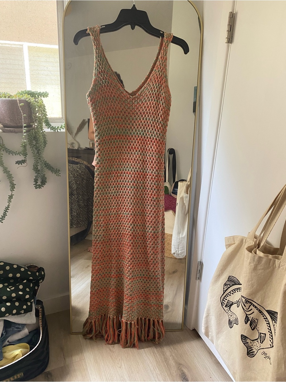 Lush Crochet V-Neck Fringe Maxi Dress in Coral & Sage